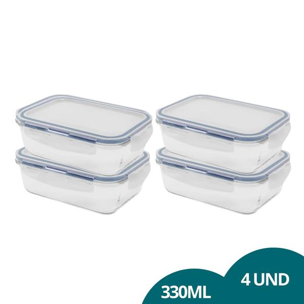 Imagem de Kit 4 Pote Hermético Retangular Fitness Prático Design Elegante C/ Tampa Trava Cozinha 330ml