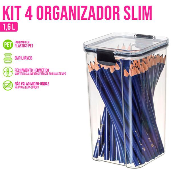 Imagem de Kit 4 Potes 1,6 Litros Herméticos Slim Tampa Organizacionais