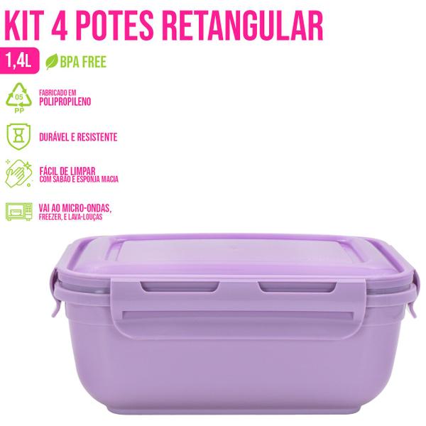 Imagem de Kit 4 Potes C/ Tampa Retangular 1400ml Marmita Micro-ondas Comida Conjunto Plástico - Rischioto