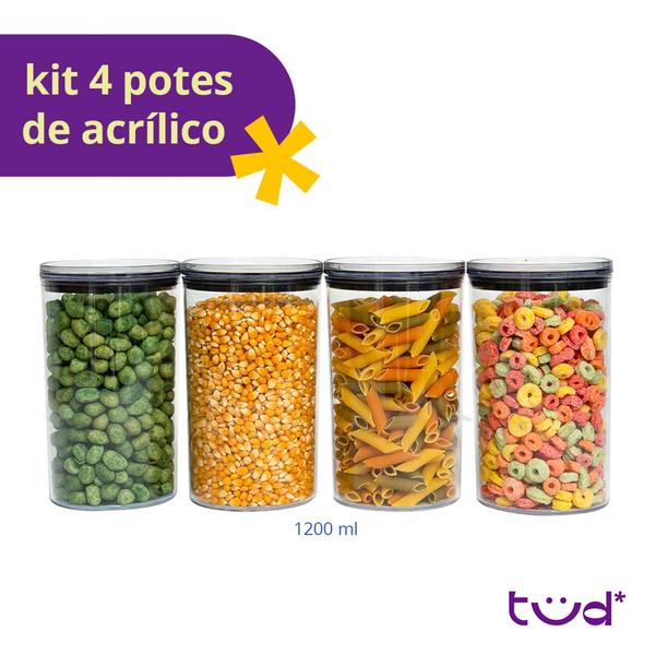 Imagem de Kit 4 potes de acrílico 1,2L com tampa herméticos redondos - Tüd