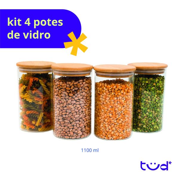 Imagem de Kit 4 potes de vidro 1,1L tampa de bambu herméticos redondos - Tüd