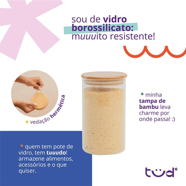 Imagem de Kit 4 potes de vidro 1,1L tampa de bambu herméticos redondos - Tüd