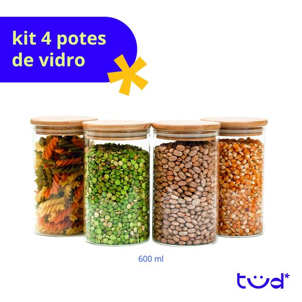 Imagem de Kit 4 potes de vidro 600ml tampa de bambu herméticos redondos - Tüd