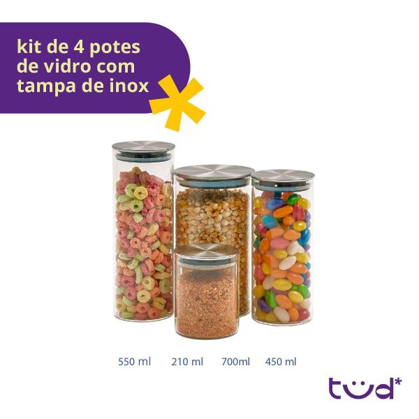 Imagem de Kit 4 Potes De Vidro Com Tampa Inox Hermético Redondo 210Ml,