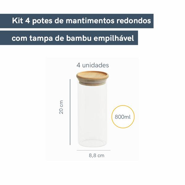 Imagem de Kit 4 Potes de Vidro Empilhável Hermético Tampa Bambu 800ml Oikos