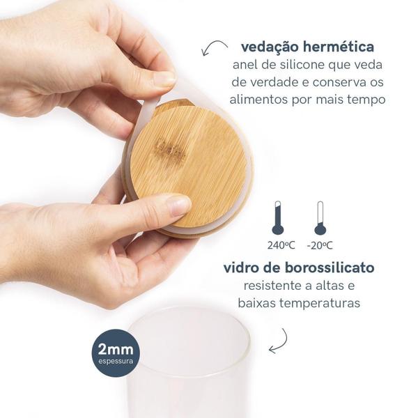 Imagem de Kit 4 Potes De Vidro Hermético Com Tampa De Bambu 200Ml