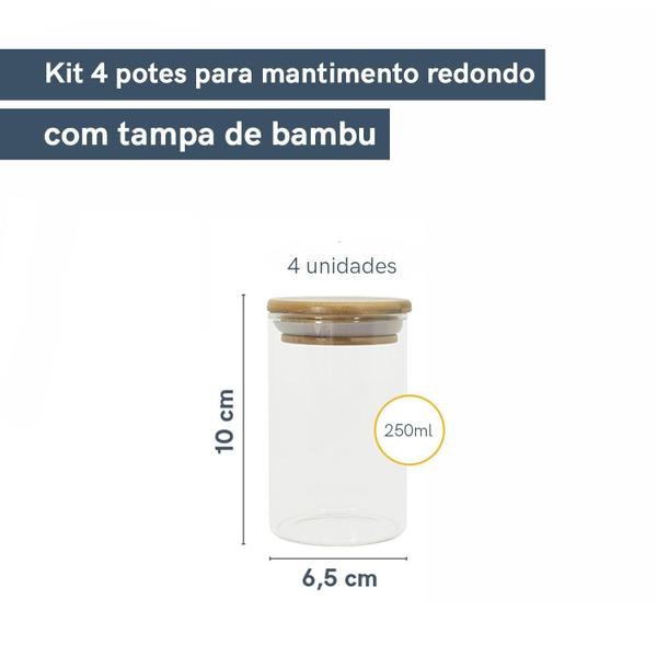 Imagem de Kit 4 Potes De Vidro Hermético Com Tampa De Bambu 250Ml