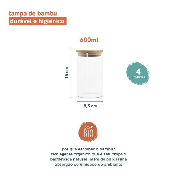 Imagem de Kit 4 Potes De Vidro Para Mantimentos 600Ml Com Tampa Bambu