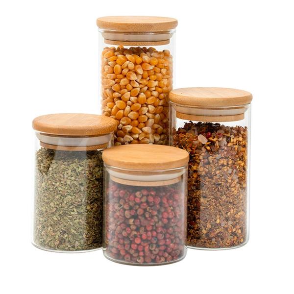 Kit 4 potes de vidro tampa de bambu herméticos redondos - Tüd Kit 4 potes de vidro tampa de bambu herméticos redondos - Tüd