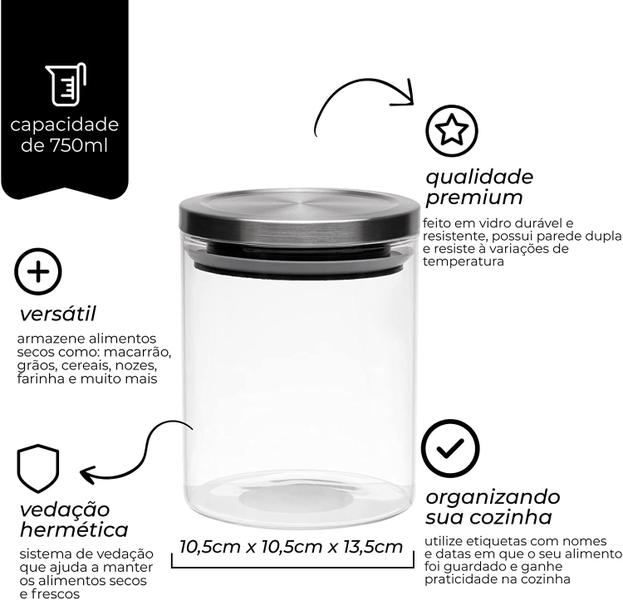 Imagem de Kit 4 Potes Hermético Com Tampa Inox Vedação 750ML 6672-MIMO