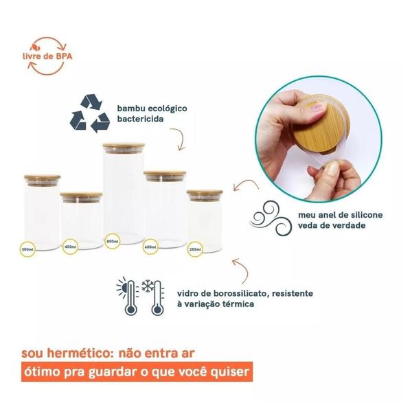 Imagem de Kit 4 Potes Hermético De Vidro Tampa Bambu Para Alimentos