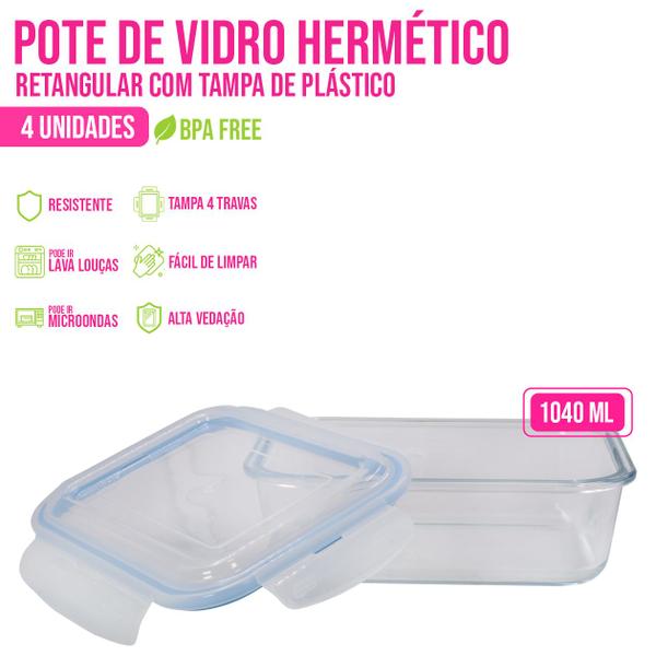 Imagem de Kit 4 Potes Herméticos Marmita 1040ml Micro-ondas Transparente Tampa Alimento Comida - Quality House