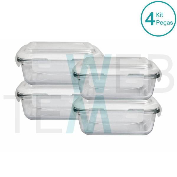 Imagem de Kit 4 Potes Herméticos Marmita de Vidro Retangular 640ml Tampa BPA Free: Armazenar Alimento e Organização de Casa com Sustentabilidade e Praticidade