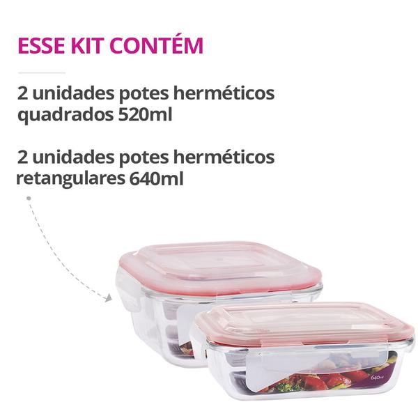 Imagem de Kit 4 Potes Herméticos Marmita Vidro Papinha 640ml e 520ml