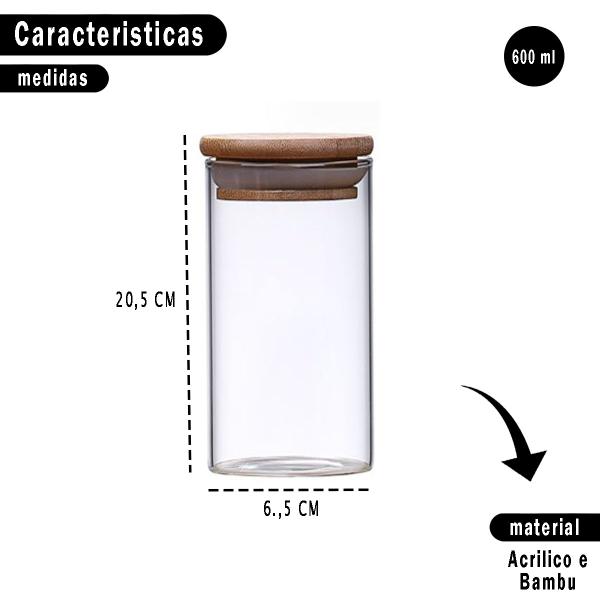 Imagem de Kit 4 Potes Herméticos Organizadores de Vidro Com Tampa de Bambu Bolachas Biscoitos Alimentos Transparente 600ml PE071