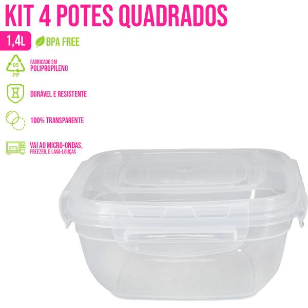 Imagem de Kit 4 Potes Marmita Reutilizável 1400ml Trava Freezer Microondas BPA Free