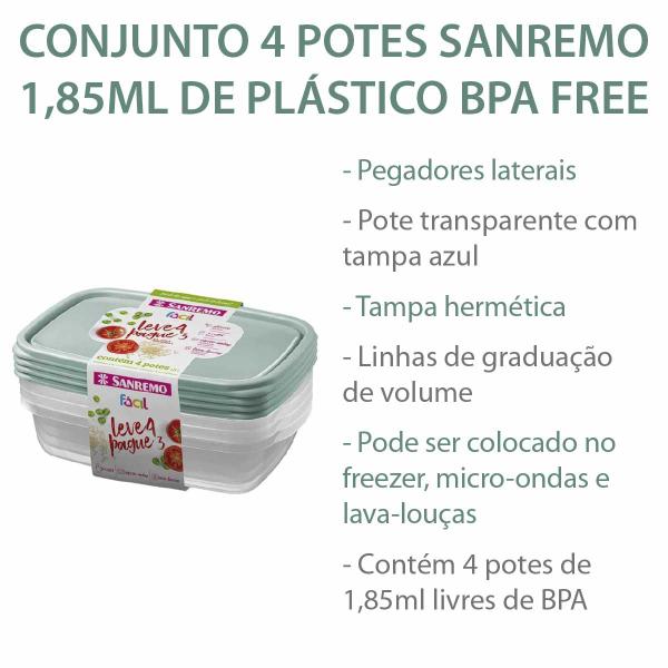 Imagem de Kit 4 Potes Plástico 1800ml Retangular Sanremo Vai Freezer Microondas Marmita Congelar