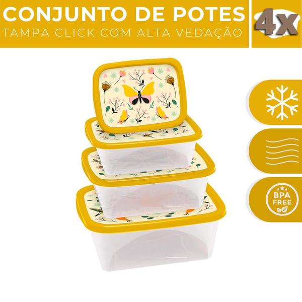 Imagem de Kit 4 Potes Plástico Decorados Alimento Freezer Microondas