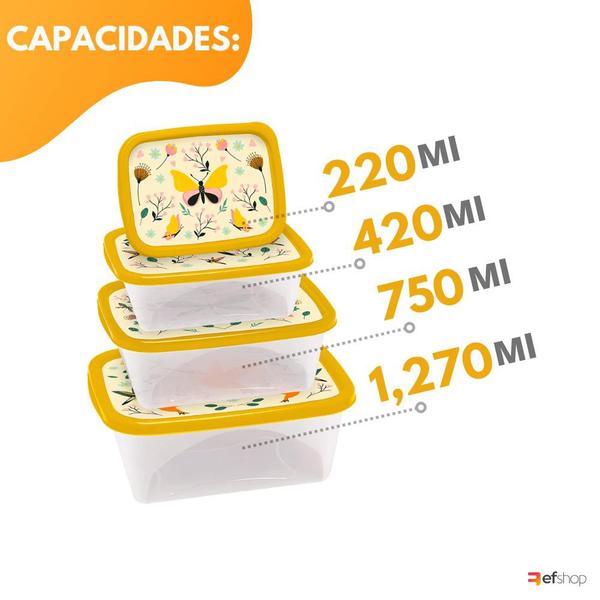 Imagem de Kit 4 Potes Plástico Decorados Alimento Freezer Microondas