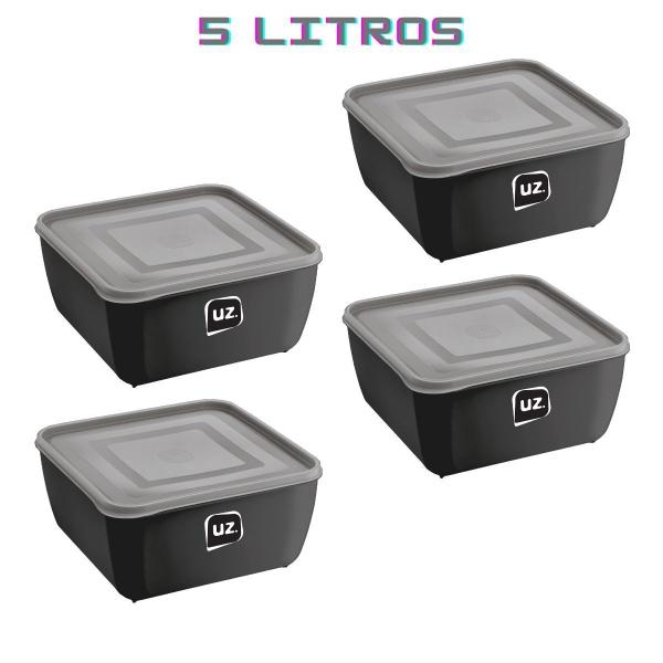 Imagem de Kit 4 Potes Quadrado Preto Alimentos Fit 5L Boa Vedação