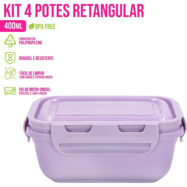 Imagem de Kit 4 Potes Quadrado/Retangular 400ml Marmita C/ Tampa Comida Micro-ondas - Rischioto