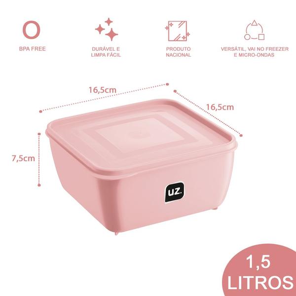 Imagem de Kit 4 Potes Quadrado Rosa Alimentos Fit 1,5L Boa Vedação