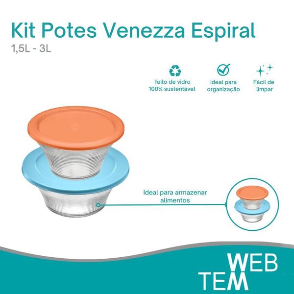 Imagem de Kit 4 Potes Tigela de Vidro com Tampa Plástica Espiral 3L e 1,5L Vitazza: Para Servir, Armazenar Alimentos, Organização de Cozinha, Opção Sustentável