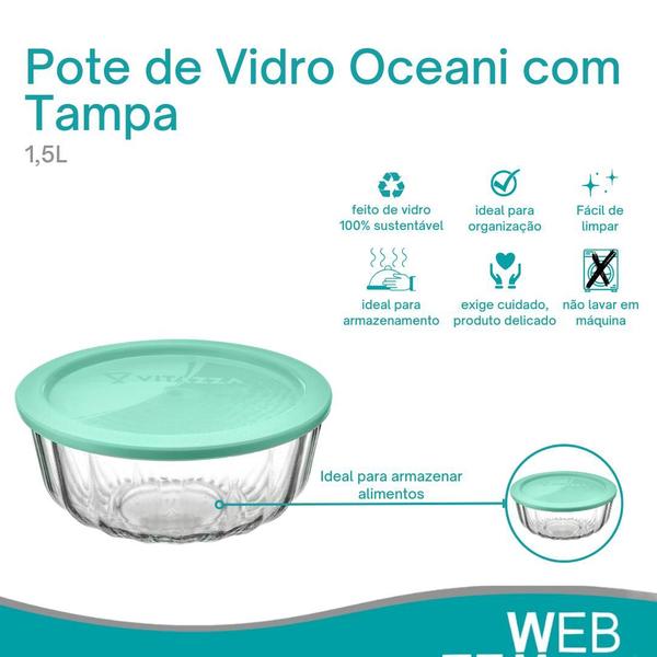 Imagem de Kit 4 Potes Tigela Saladeira de Vidro com Tampa Plástica Oceani 1,5 litro Vitazza: Para Servir e Organização de Cozinha e Geladeira Opção Sustentável