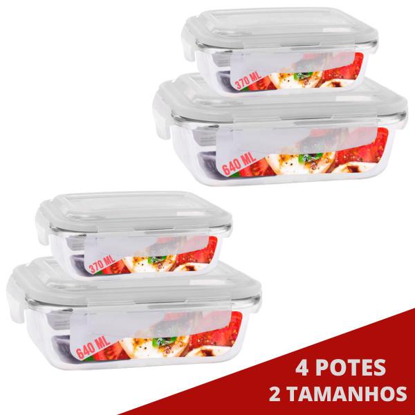 Imagem de Kit 4 Potes Vidro C Tampa 2 De Cada Retangular 370 e 640ml