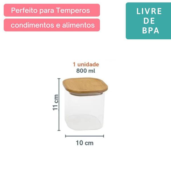 Imagem de Kit 4 Potes Vidro Hermético Quadrado 800ml Tampa Bambu Oikos