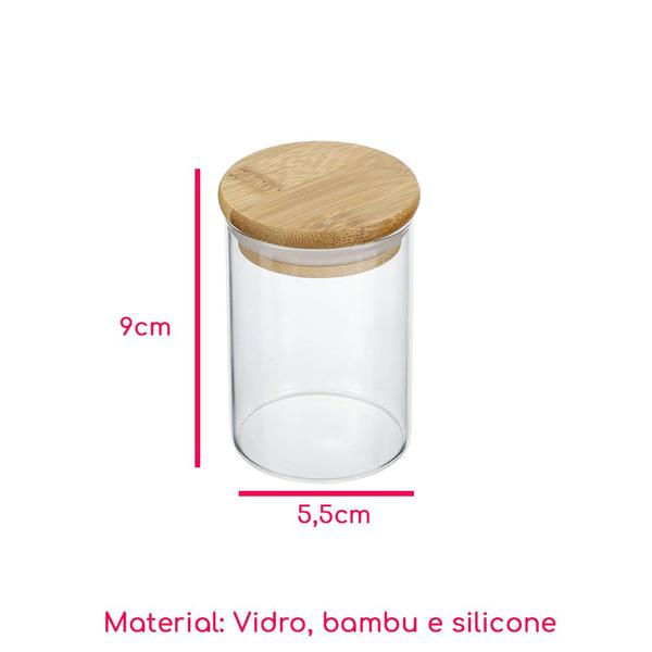 Imagem de Kit 4 Potes Vidro Tampa Bambu Hermético Temperos 200ml