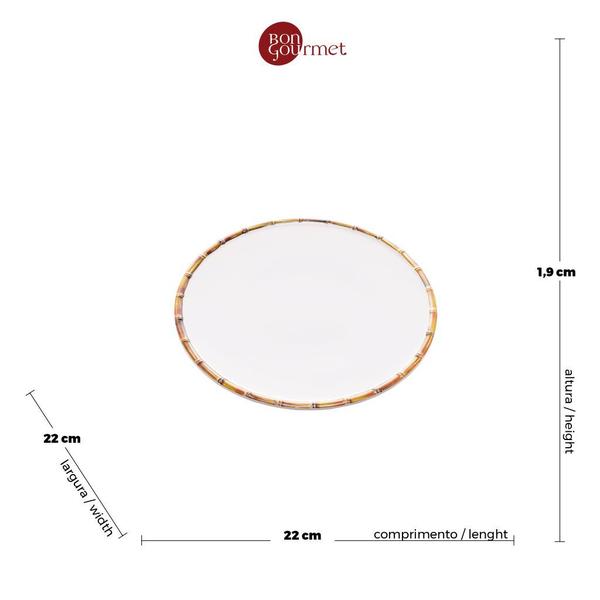 Imagem de Kit 4 Pratos Para Sobremesa Festas De Melamina Branco Borda Bambu 22cm