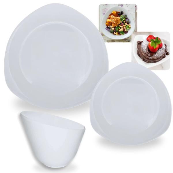 Imagem de Kit 4 Pratos Rasos 21,6 Cm Triangulares + 4 Pratos Sobremesa 18,3 Cm + 2 Tigelas 500 Ml Oval Melamina / Plastico  Bestfer 