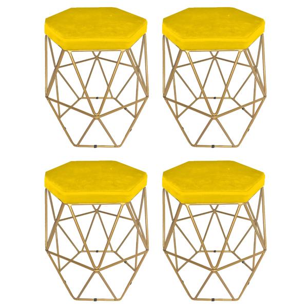 Imagem de Kit 4 puff decorativos para sala hexagonal aramado base dourada suede amarelo - clique e decore