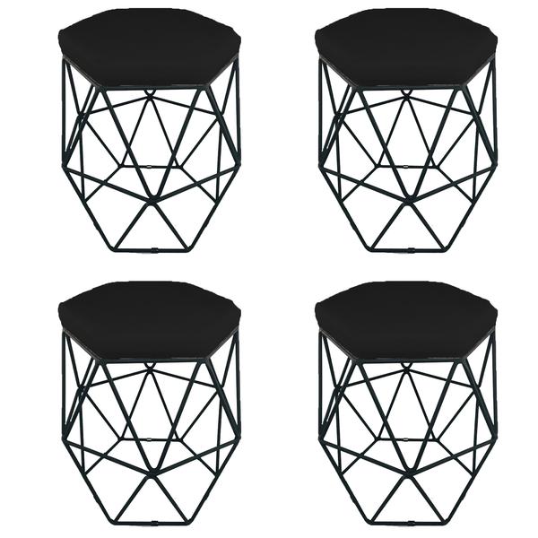 Imagem de Kit 4 puff decorativos para sala hexagonal aramado base preta suede preto - clique e decore