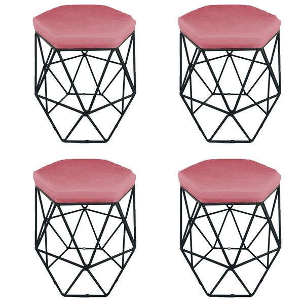 Imagem de Kit 4 puff decorativos para sala hexagonal aramado base preta suede rosê - clique e decore