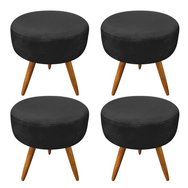 Imagem de Kit 4 Puffs Banqueta Redonda Nina Suede Preto Pés Palito Castanho - Pallazio