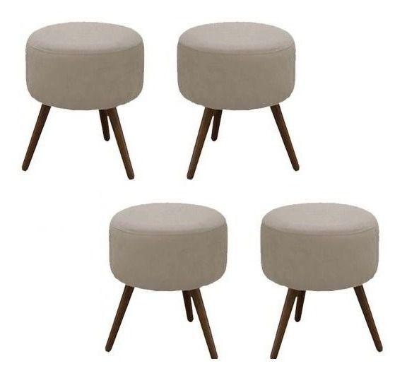 Imagem de Kit 4 Puffs Decorativo Redondo Banqueta Classic Tecido Suede Bege Pés Madeira Palito - Nina Home Decor