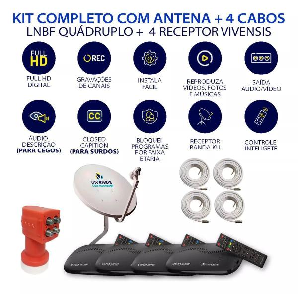 Imagem de Kit 4 Receptores Vivensis + Antena + Lnbf Quadruplo + Cabos