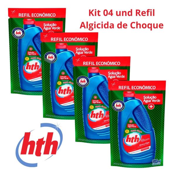 Imagem de Kit 4 Refis Algicida Choque Hth Solução Água Verde 900ml