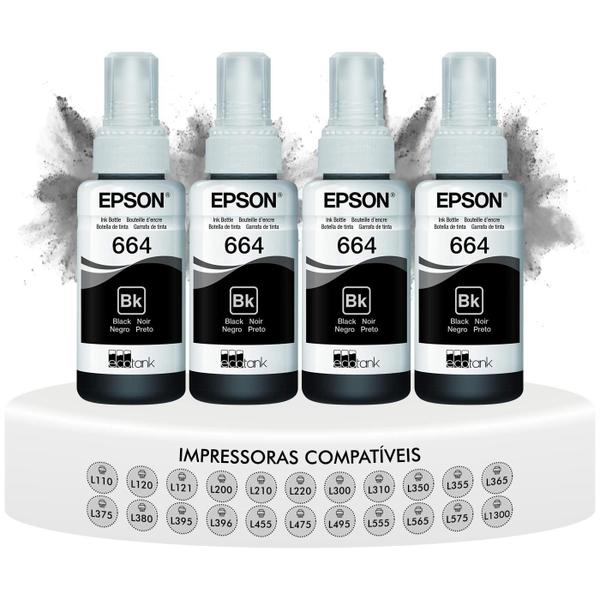 Imagem de Kit 4 Refis Tinta Preta T664 Original Epson L355 L365 L375 L395 L495