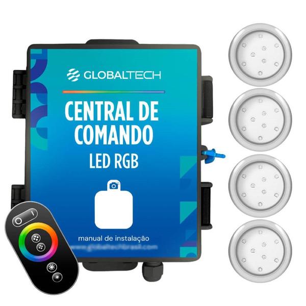 Imagem de Kit 4 Refletor LED Piscina RGB 9W Inox + Central Touch