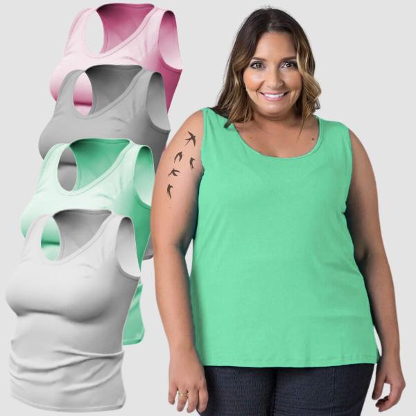 Imagem de Kit 4 Regata Plus Size Feminina Academia Basica Lisa 