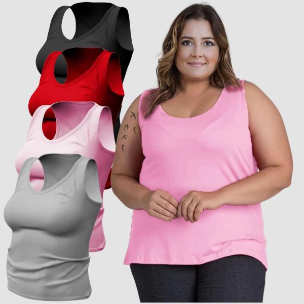 Imagem de Kit 4 Regata Plus Size Feminina Academia Basica Lisa 