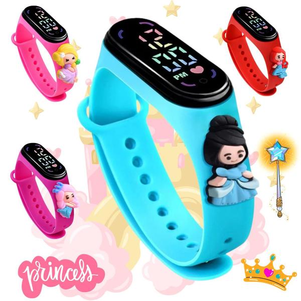 Imagem de Kit 4 Relógios Infantil Digital Led Touch Infantil Princesas Mundo Encantado Menina