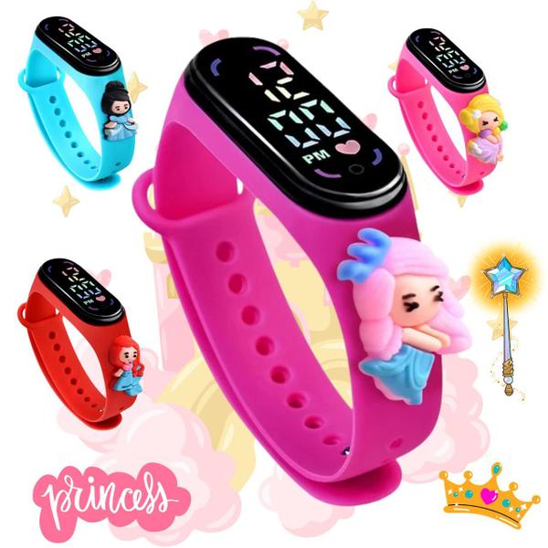 Imagem de Kit 4 Relógios Infantil Digital Led Touch Infantil Princesas Mundo Encantado Menina