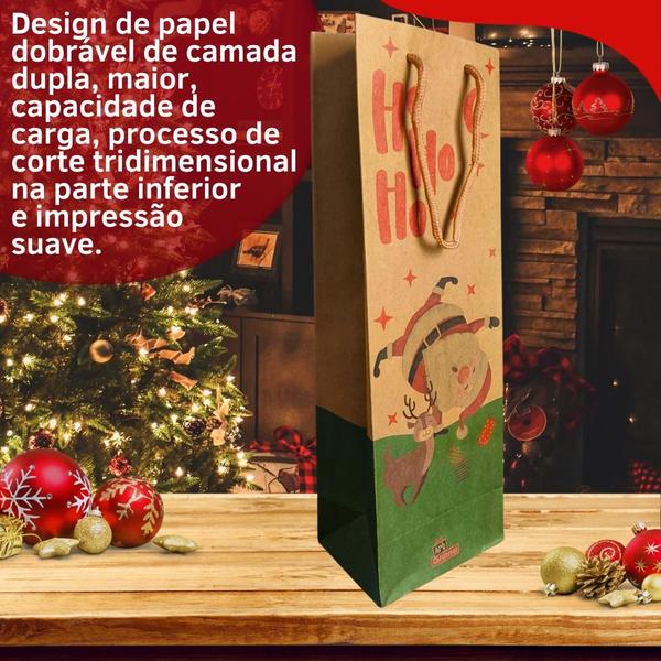 Imagem de Kit 4 Sacolas de Natal Kraft para Presente Vinhos Garrafas 36x12