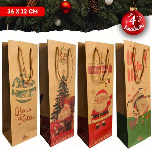 Imagem de Kit 4 Sacolas de Natal Kraft para Presente Vinhos Garrafas 36x12