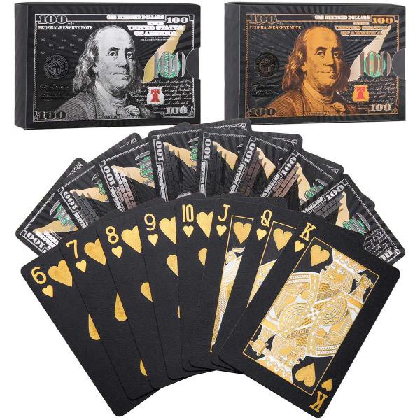 Imagem de Kit 4 Seguradores De Cartas Baralho Facilita Carteado + 2 Baralhos Preto Black Tema Dólar Detalhes Em Dourado e Prata Colecionador Casino Poker