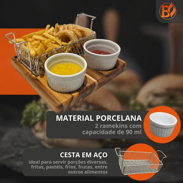 Imagem de Kit 4 Tábuas Petisqueira Com 4 Cestas Para Porção, Fritas e Pastel + Ramekins